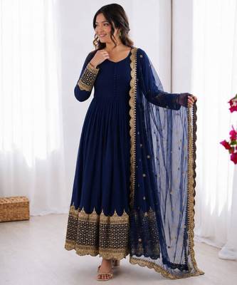 Blue georgette thread embroidery flared gown set 1