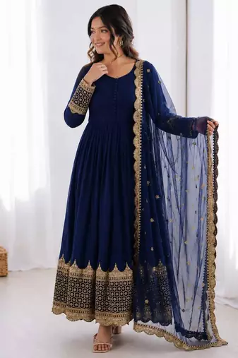 Blue georgette thread embroidery flared gown set