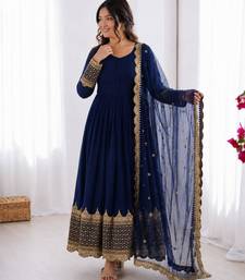 Blue georgette thread embroidery flared gown set