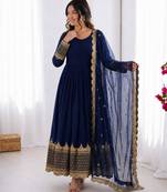 Blue georgette thread embroidery flared gown set