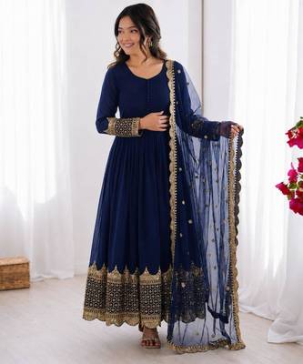 Blue georgette thread embroidery flared gown set 2
