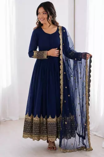 Blue georgette thread embroidery flared gown set