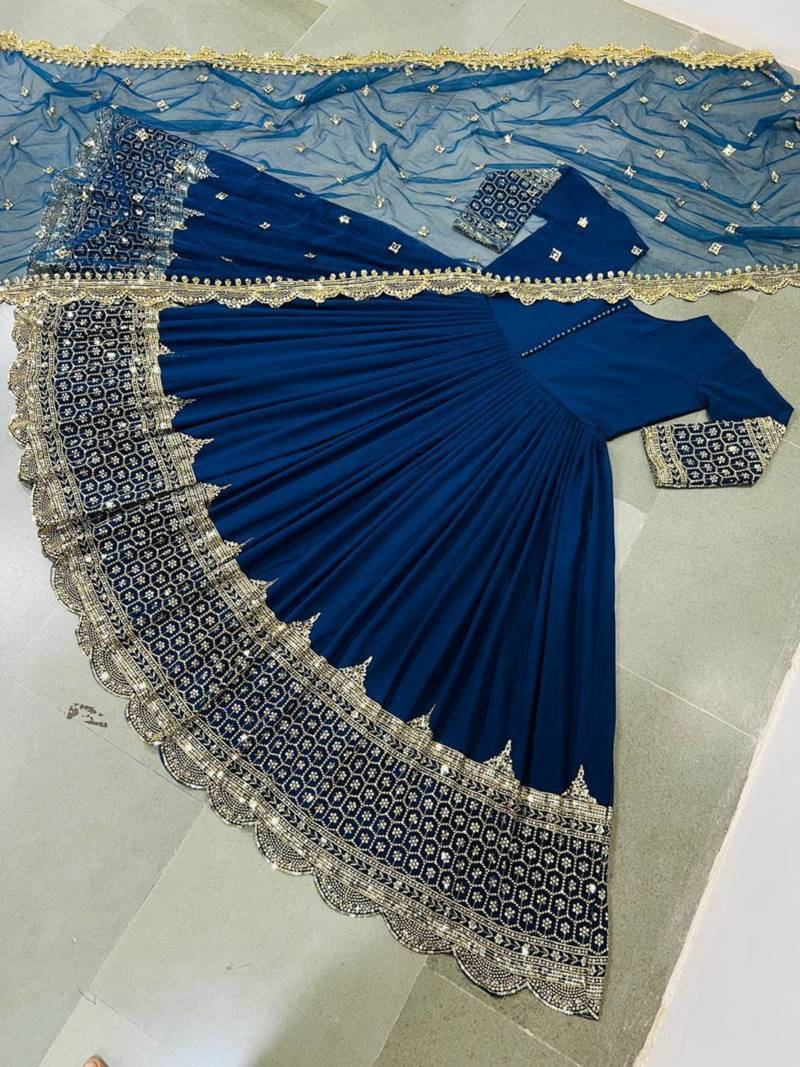 Blue georgette thread embroidery flared gown set