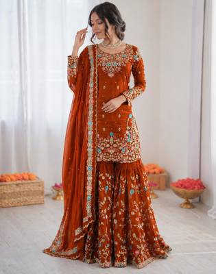 Orange art silk thread embroidery sharara set 1