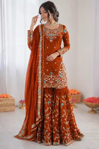Orange art silk thread embroidery sharara set