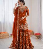 Orange art silk thread embroidery sharara set