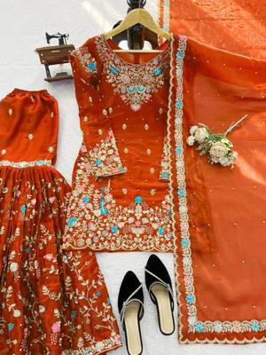 Orange art silk thread embroidery sharara set 2