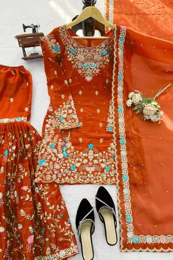 Orange art silk thread embroidery sharara set