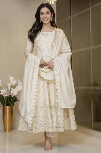 Cream silk embroidered flared gown set