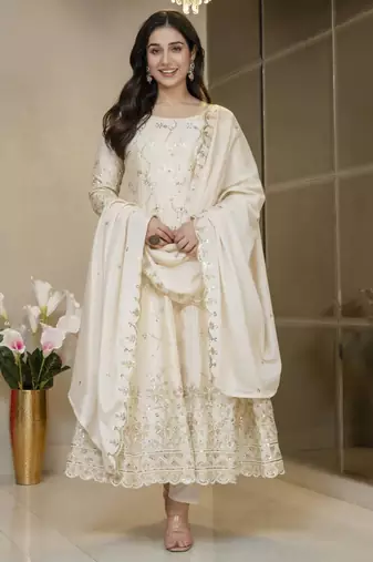 Cream silk embroidered flared gown set