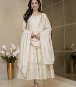 Cream silk embroidered flared gown set