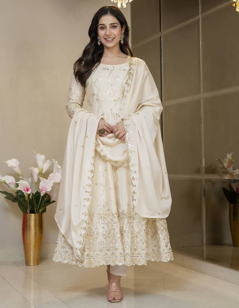 Cream silk embroidered flared gown set
