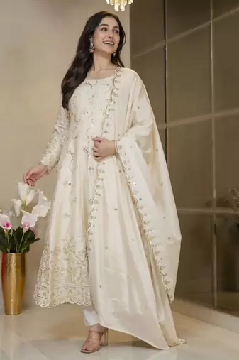 Cream silk embroidered flared gown set