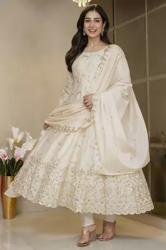 Cream silk embroidered flared gown set