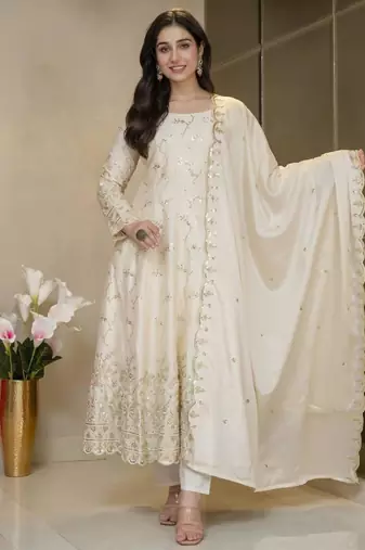 Cream silk embroidered flared gown set