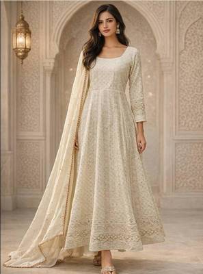 White georgette embroidered anarkali set 1