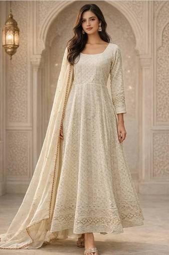 White georgette embroidered anarkali set