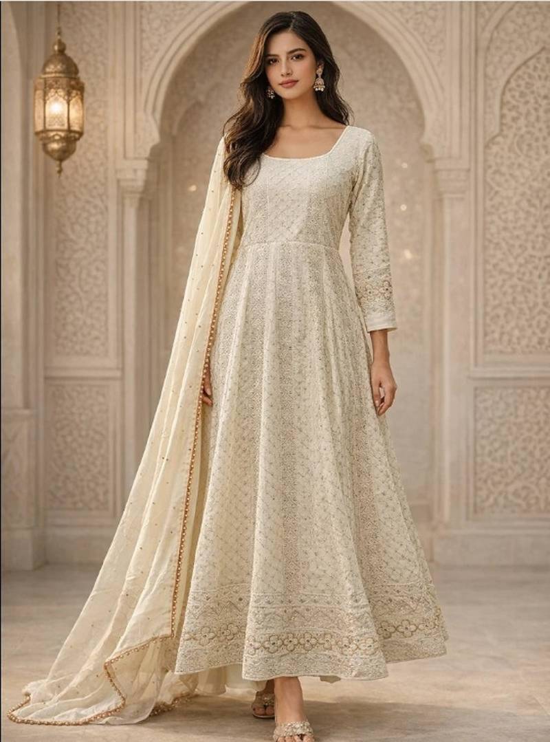 White georgette embroidered anarkali set