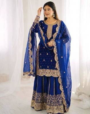 Royal-blue silk embroidered sharara set 1