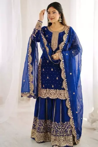 Royal-blue silk embroidered sharara set