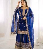Royal-blue silk embroidered sharara set