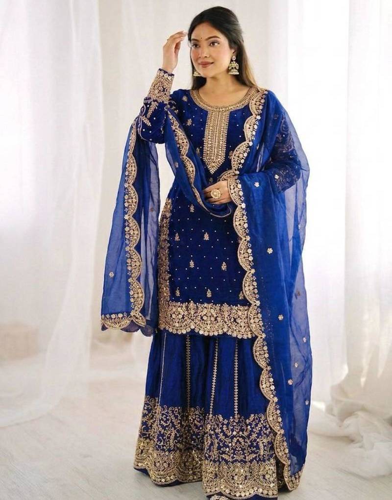 Royal-blue silk embroidered sharara set
