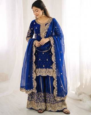 Royal-blue silk embroidered sharara set 2
