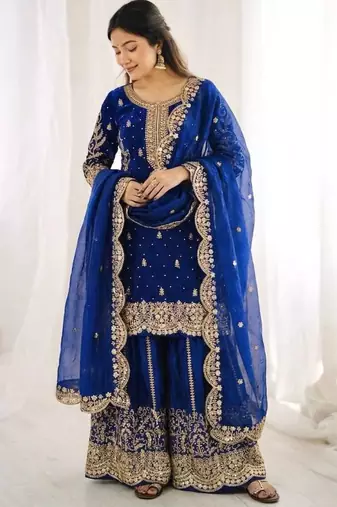 Royal-blue silk embroidered sharara set