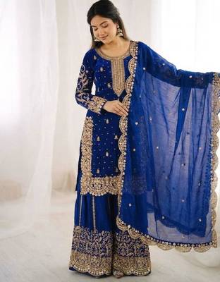 Royal-blue silk embroidered sharara set 3