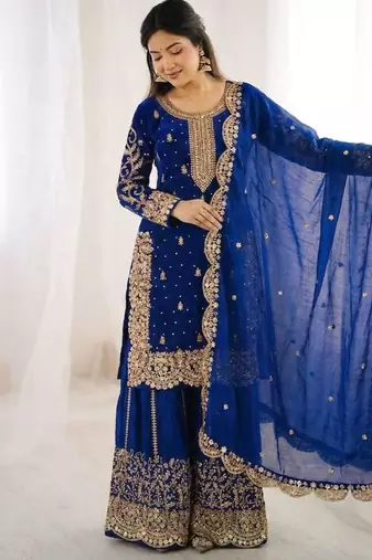 Royal-blue silk embroidered sharara set