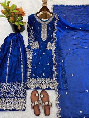 Royal-blue silk embroidered sharara set 4