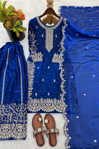 Royal-blue silk embroidered sharara set