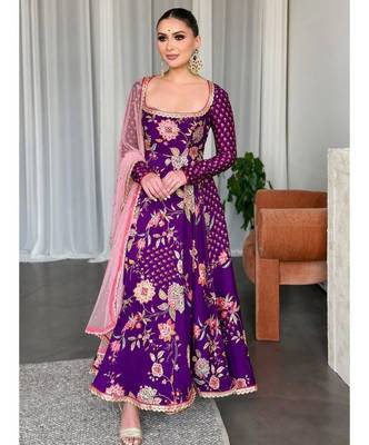 Purple georgette embroidered flared gown set 1