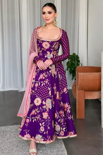 Purple georgette embroidered flared gown set