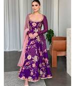 Purple georgette embroidered flared gown set