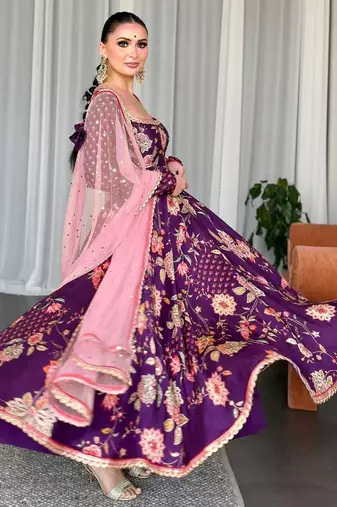 Purple georgette embroidered flared gown set