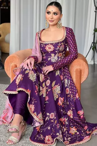 Purple georgette embroidered flared gown set