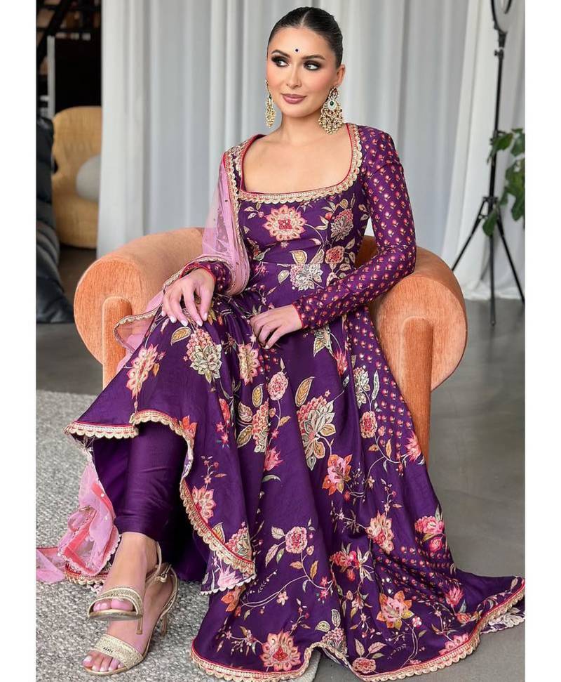 Purple georgette embroidered flared gown set