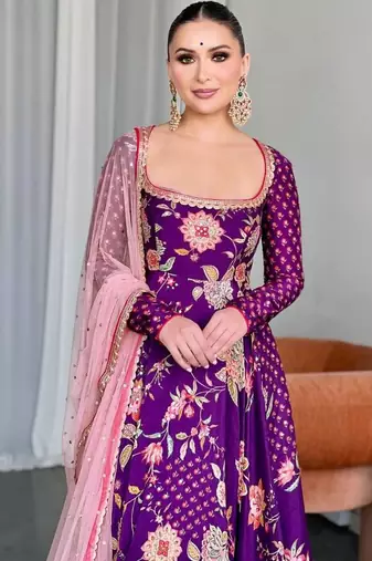 Purple georgette embroidered flared gown set