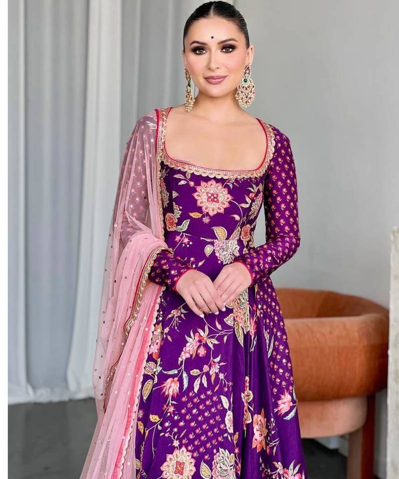 Purple georgette embroidered flared gown set