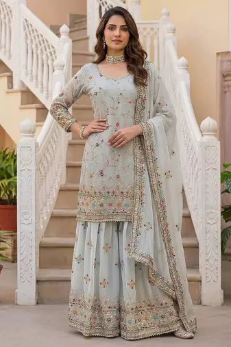 Grey faux georgette embroidered sharara set