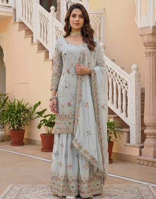 Grey faux georgette embroidered sharara set 2