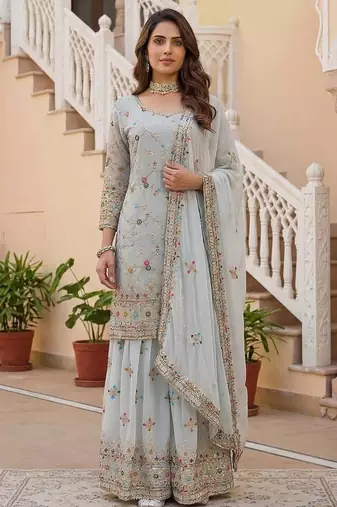 Grey faux georgette embroidered sharara set