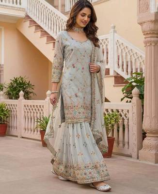 Grey faux georgette embroidered sharara set 3