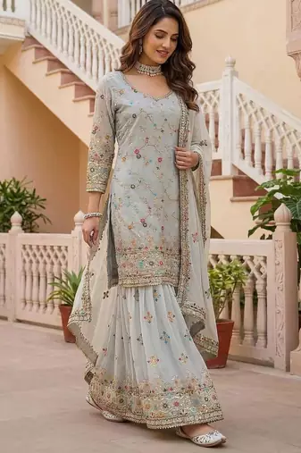 Grey faux georgette embroidered sharara set