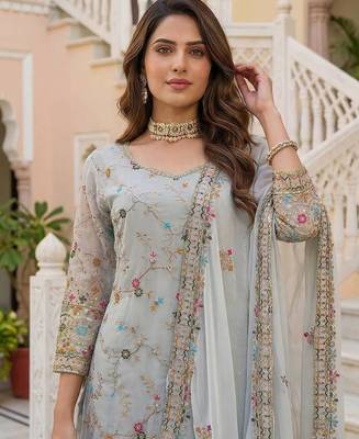 Grey faux georgette embroidered sharara set 4