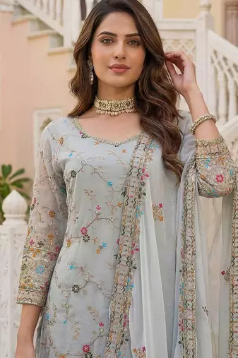 Grey faux georgette embroidered sharara set