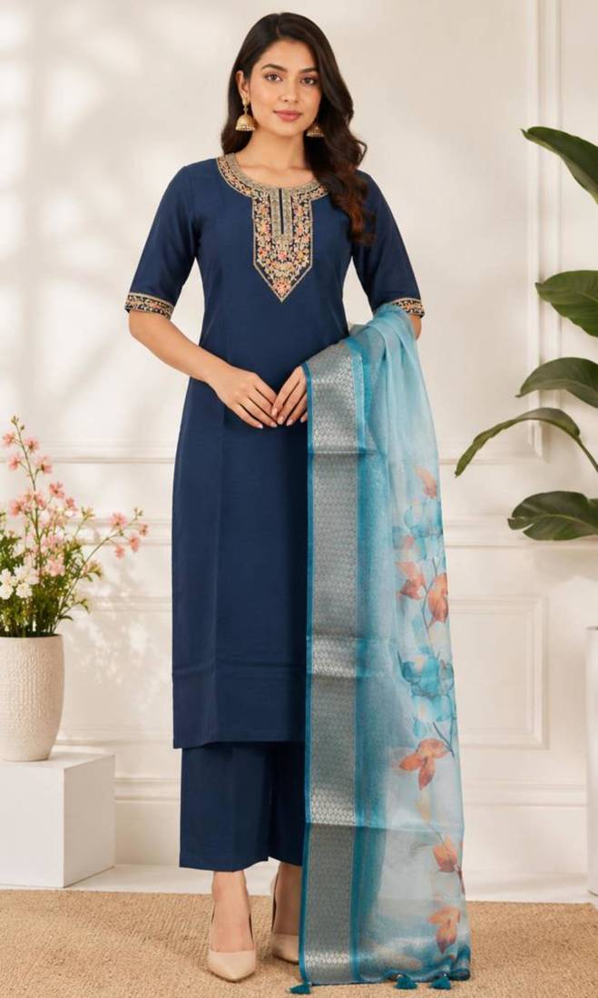 Navy-blue silk sequins kurta set