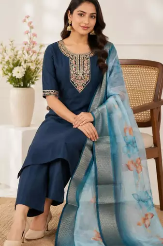 Navy-blue silk sequins kurta set