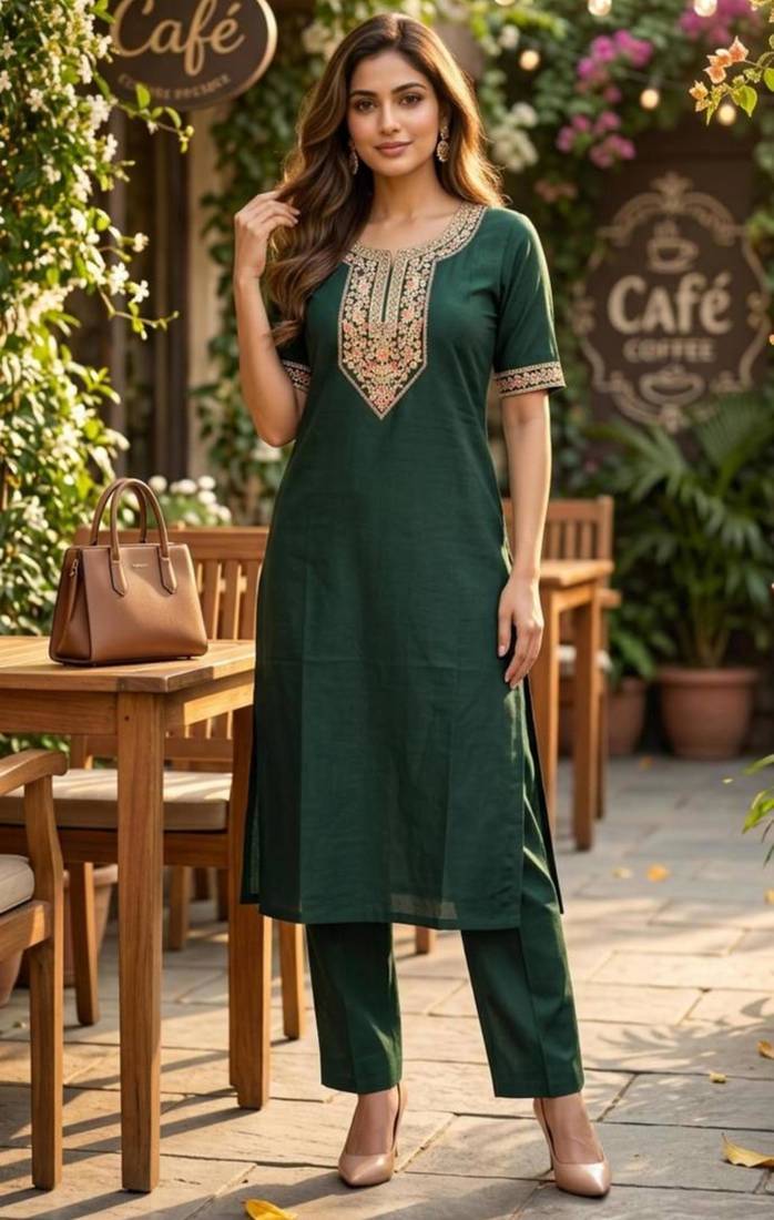 Green silk blend sequins kurta set